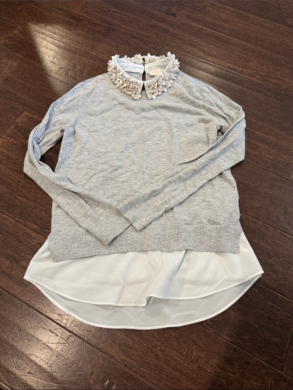 Ted Baker Light Gray Embellished Collar Layered Hem Sweatshirt. Size 1 (small).